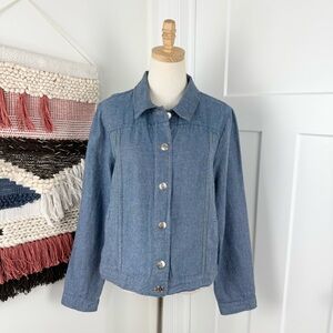 FLAX Linen Blend Denim Jacket Blue Sz S Lightweight Chambray Button Up